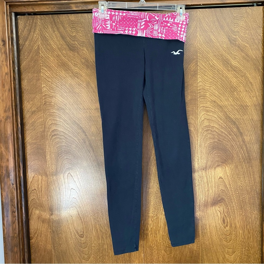 VTG Hollister Y2K XS Foldover Waist Leggings Black Pink Yoga Lounge Logo Bird